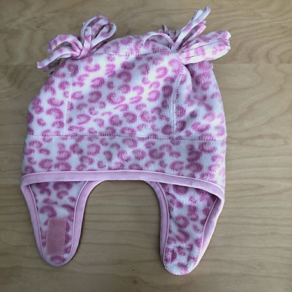 Toby Fleece Beanie Infant One Size Pink & White Animal Print Pom Poms